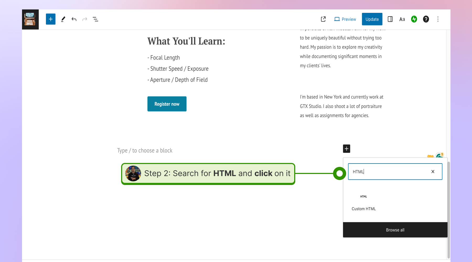 Selecting the HTML block