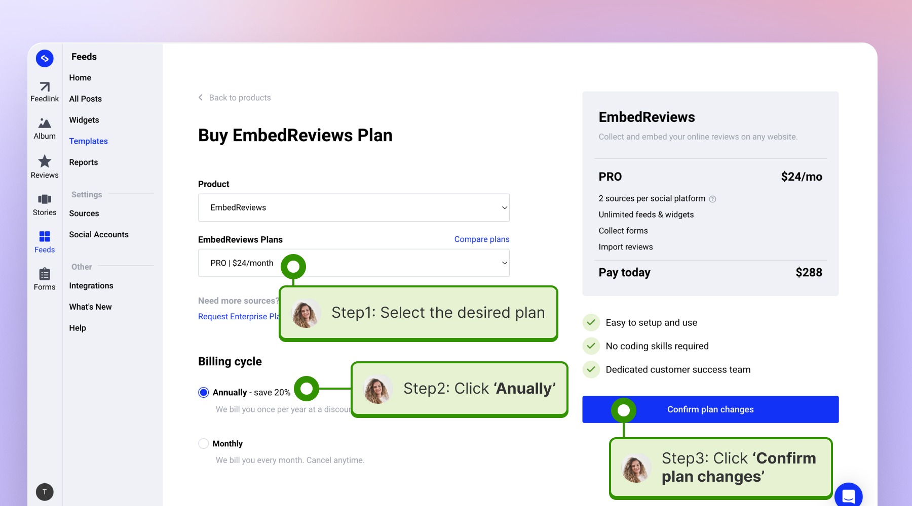 Selecting the desired plan, clicking on anually and confirming the plan changes
