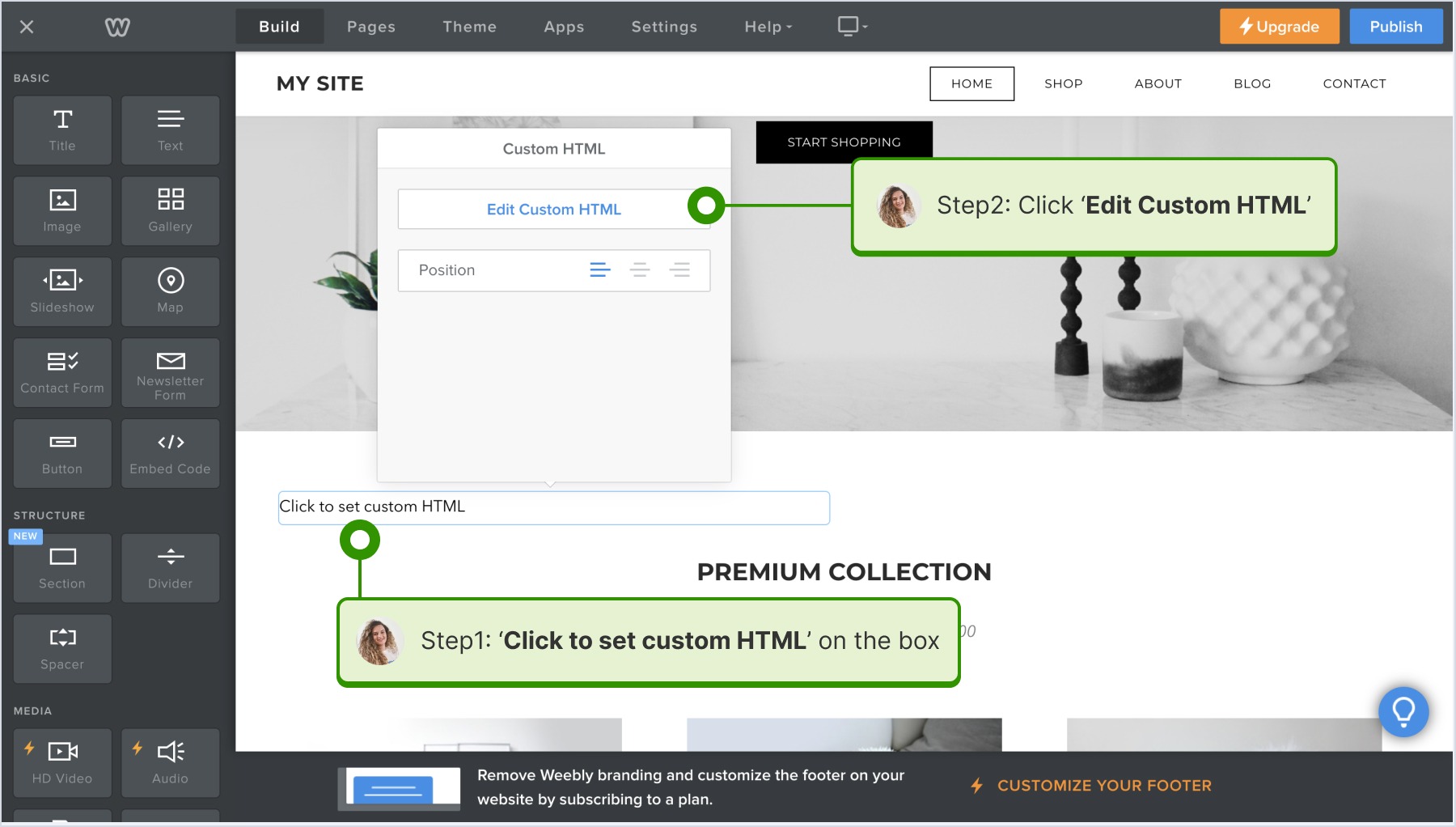 clicking to set custom HTML