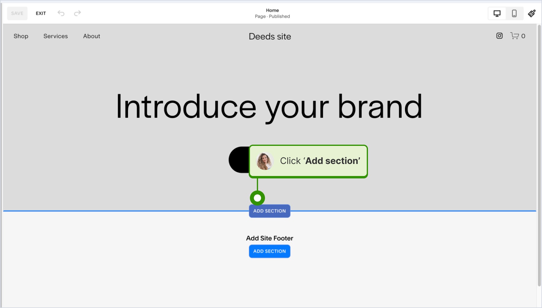 Clicking on adding new section