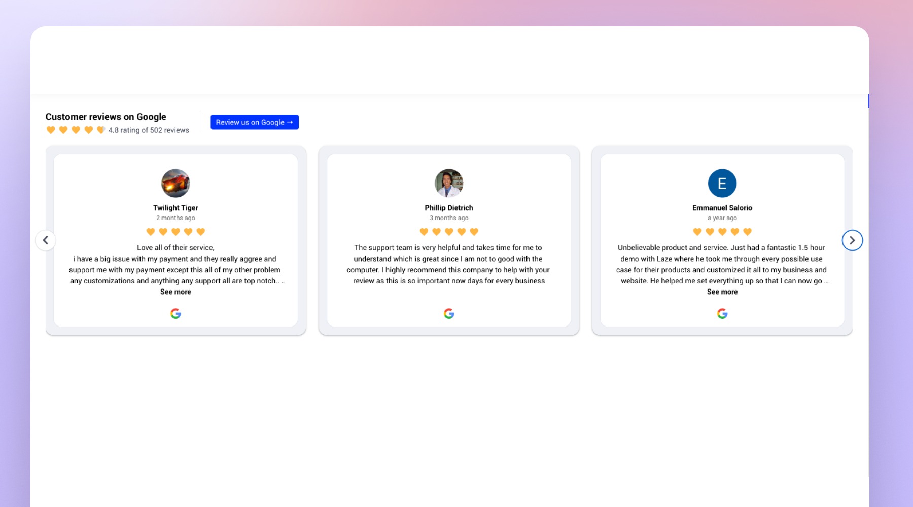 Google reviews embedded in PageCloud