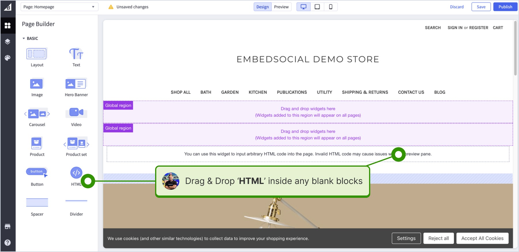 drag and dropping html element inside the block