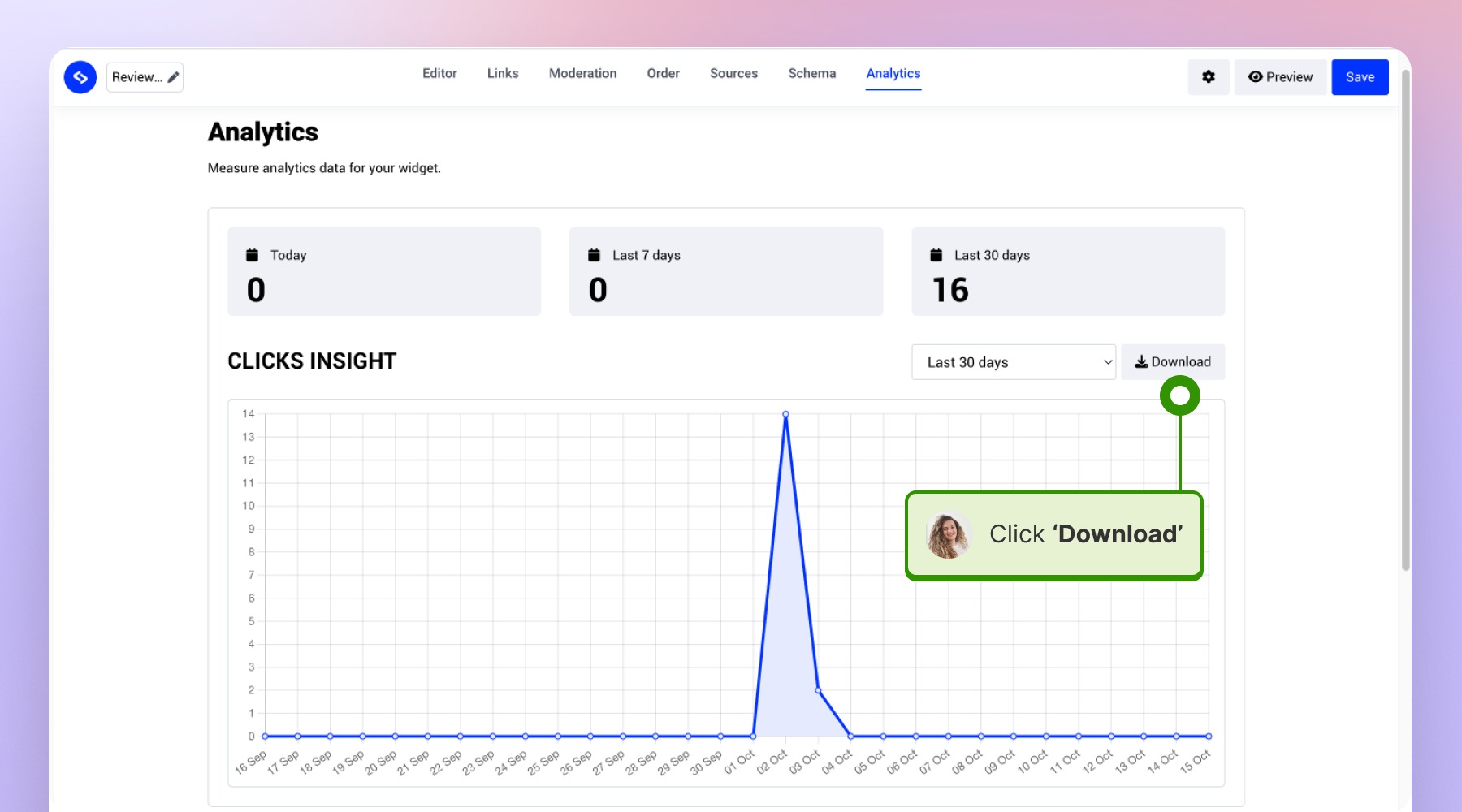 Downloading report with clicks overview per widget