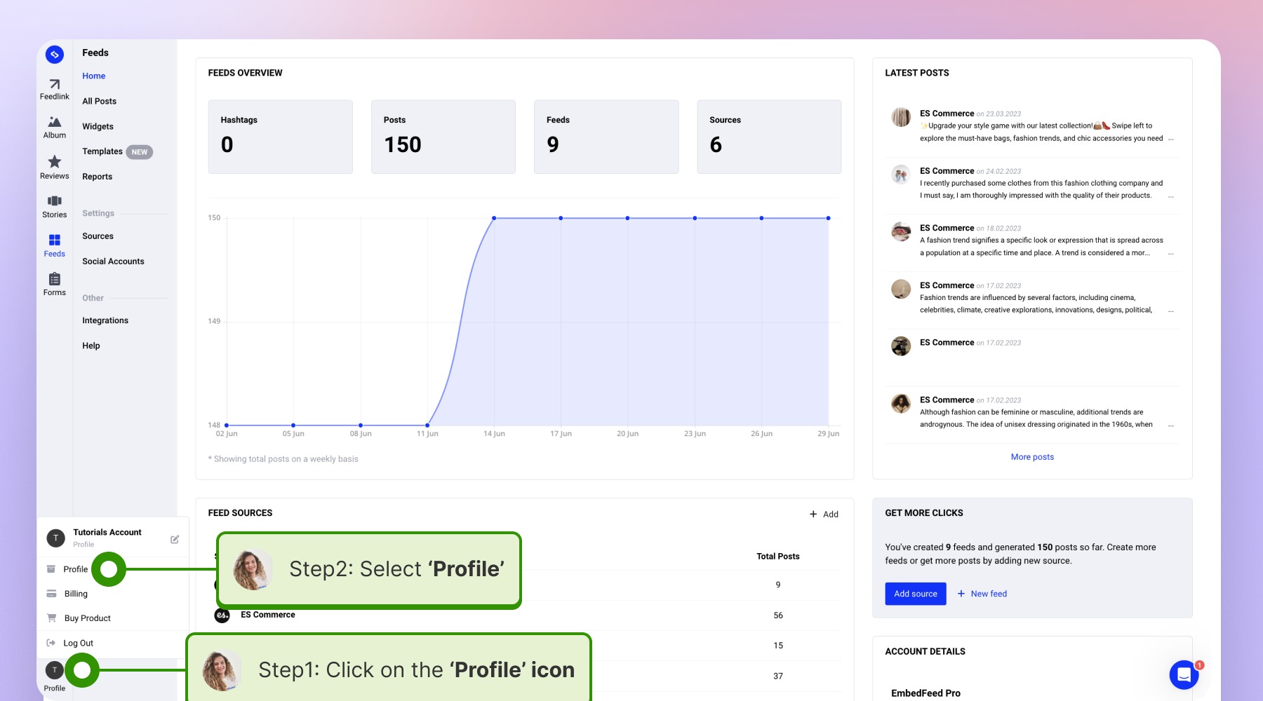 Going to the profile section inside EmbedSocial