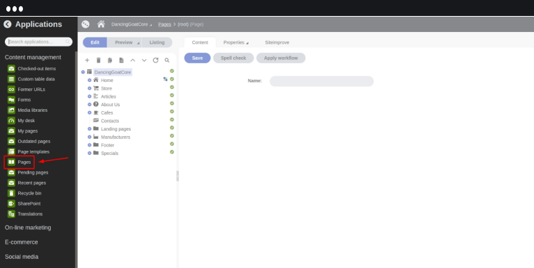 Opening the Kentico dashboard and selecting 'Pages'