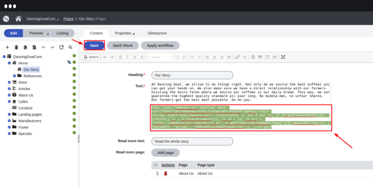 pasting the widget code and clicking save