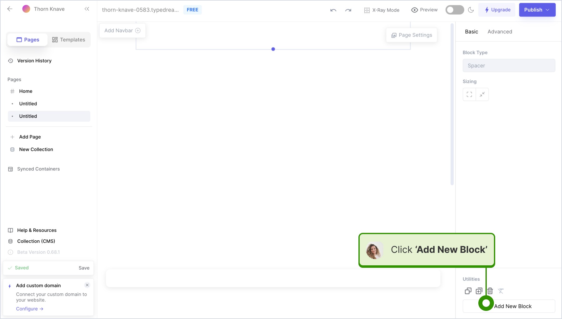 Clicking on add new block