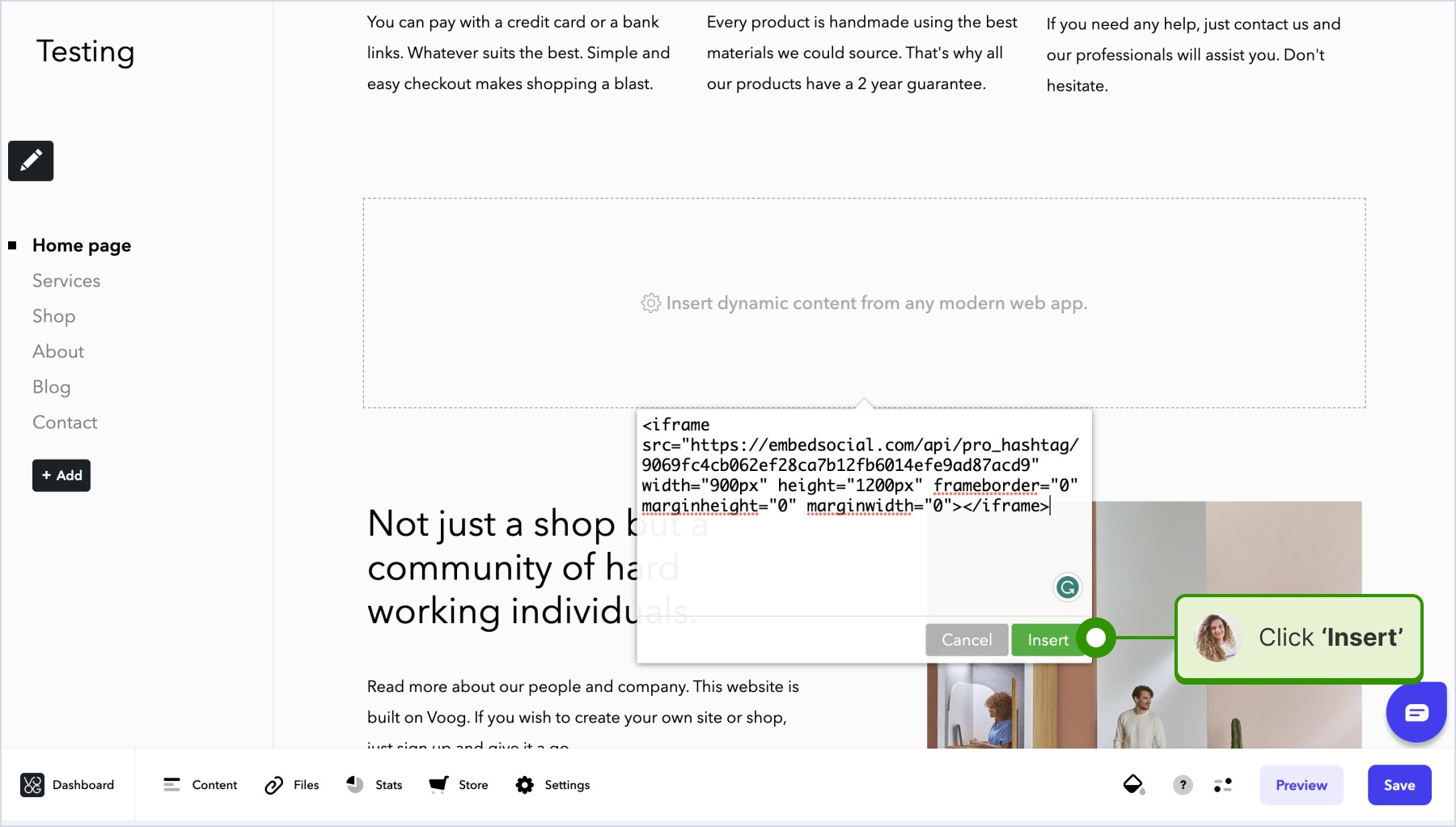 pasting the code and clicking insert