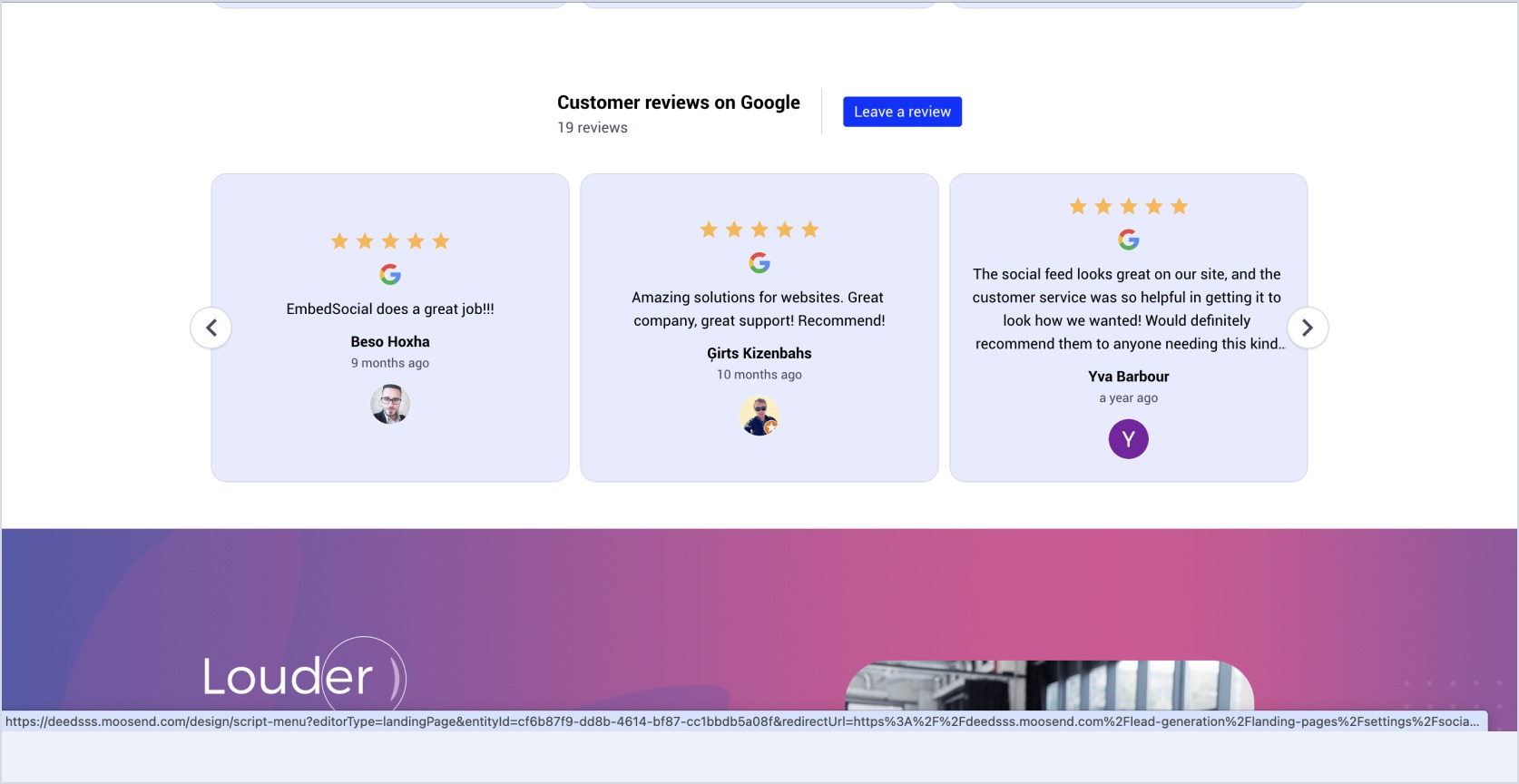 Example of Google reviews widget embedded in Moosend