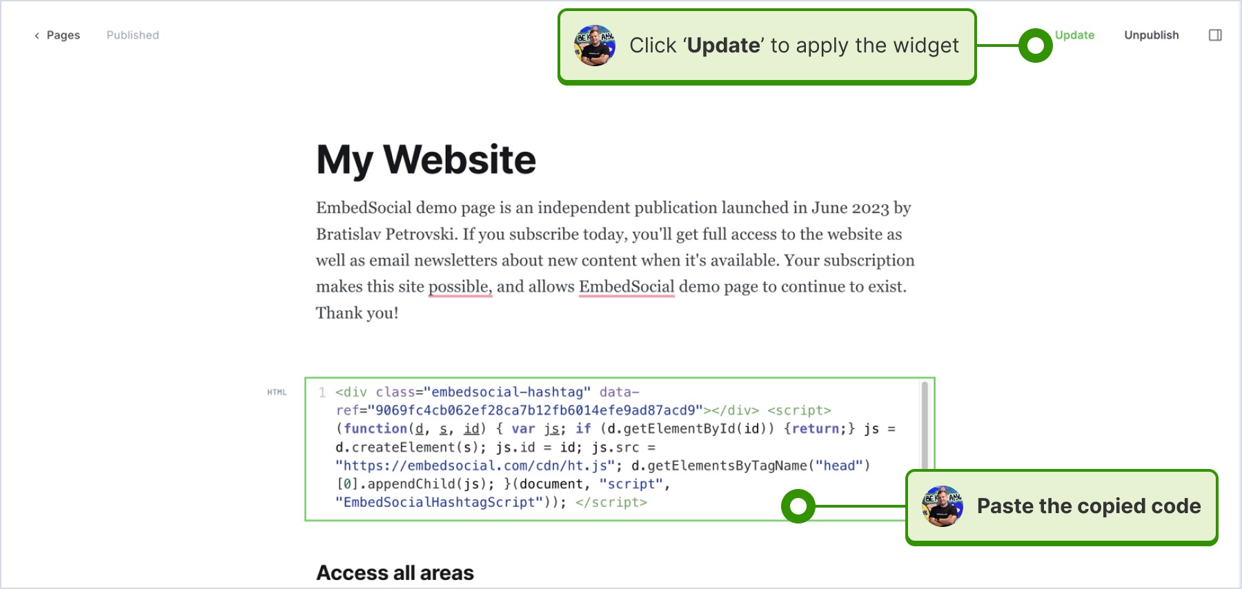 pasting the code and clicking update