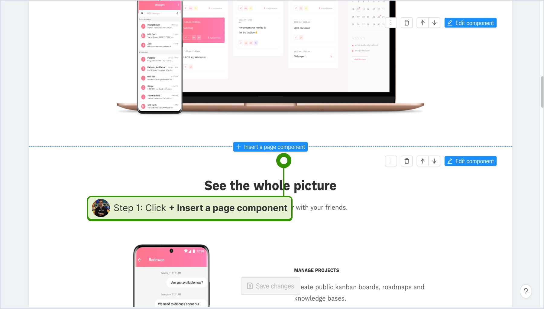 Clicking on insert a page component