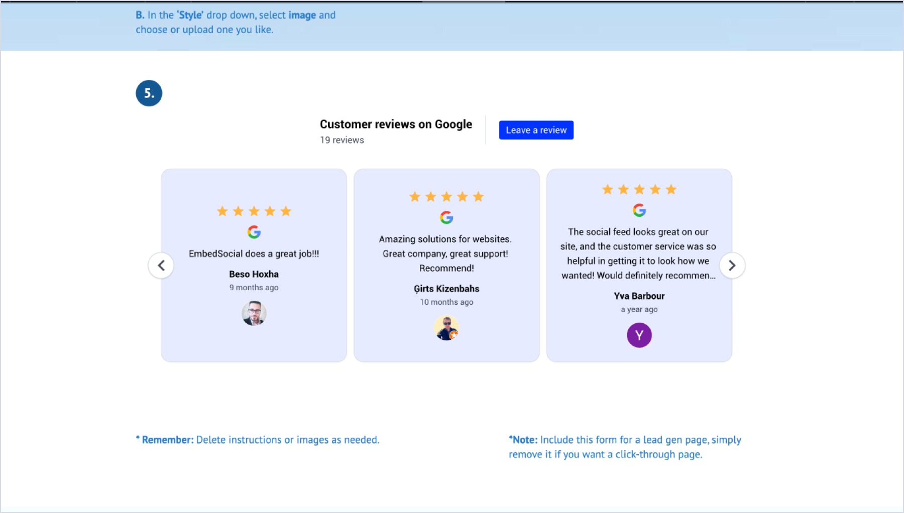 Example of Google reviews widget in Unbounce