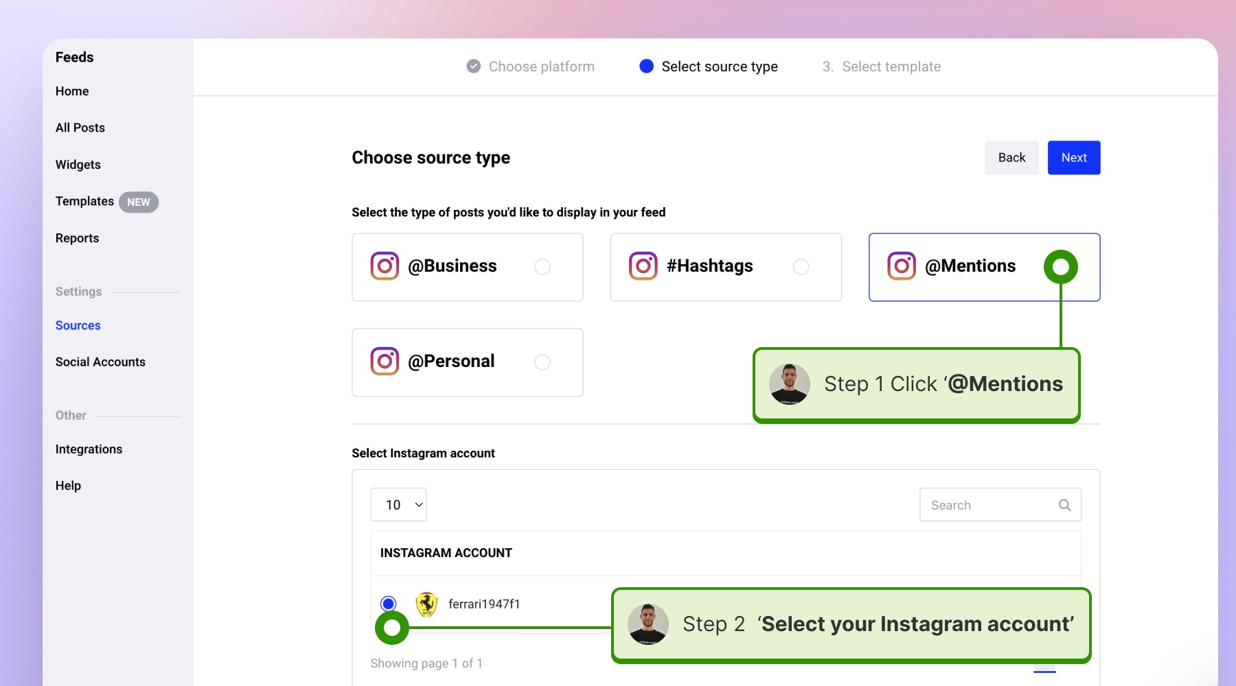 Clicking sources, clicking Instagram source, clicking Instagram mention source, selecting your Instagram account 