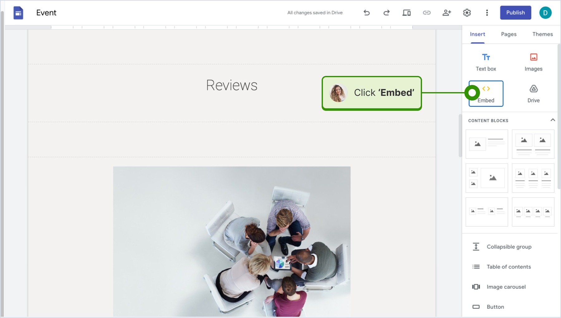 Clicking on 'Embed' on Google Sites