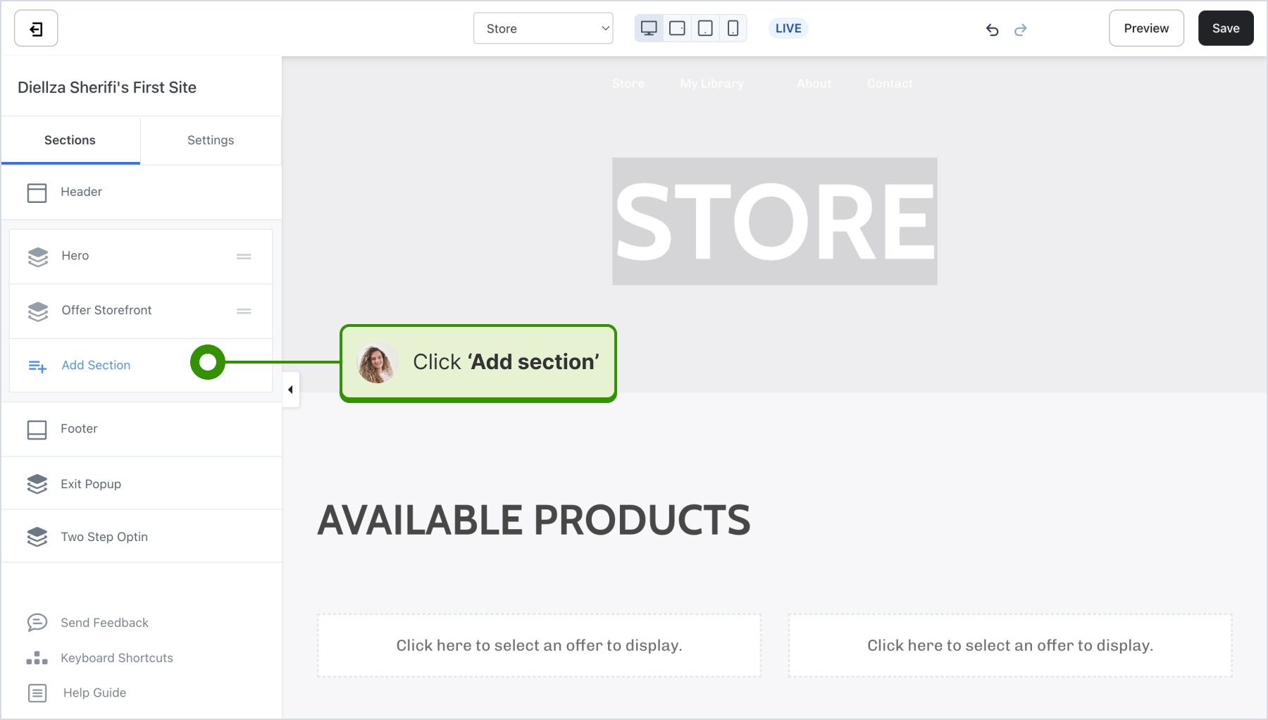 Clicking on 'Add section' button on the Kajabi editor
