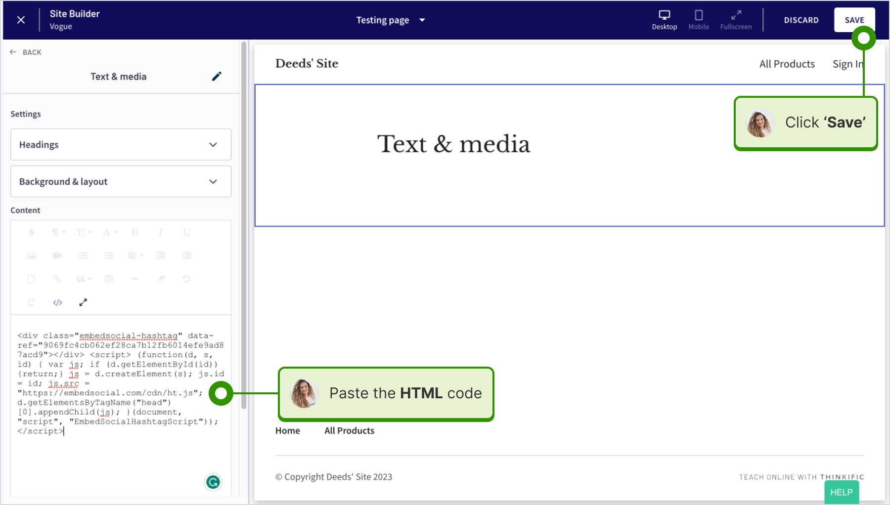 Inserting the widget code and clicking 'Save' on my page in Thinkific