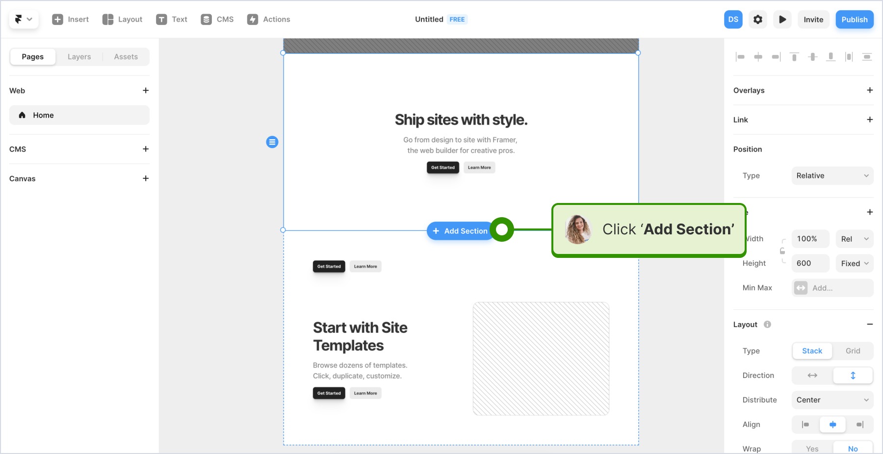 Adding a section to the website editor in Framer
