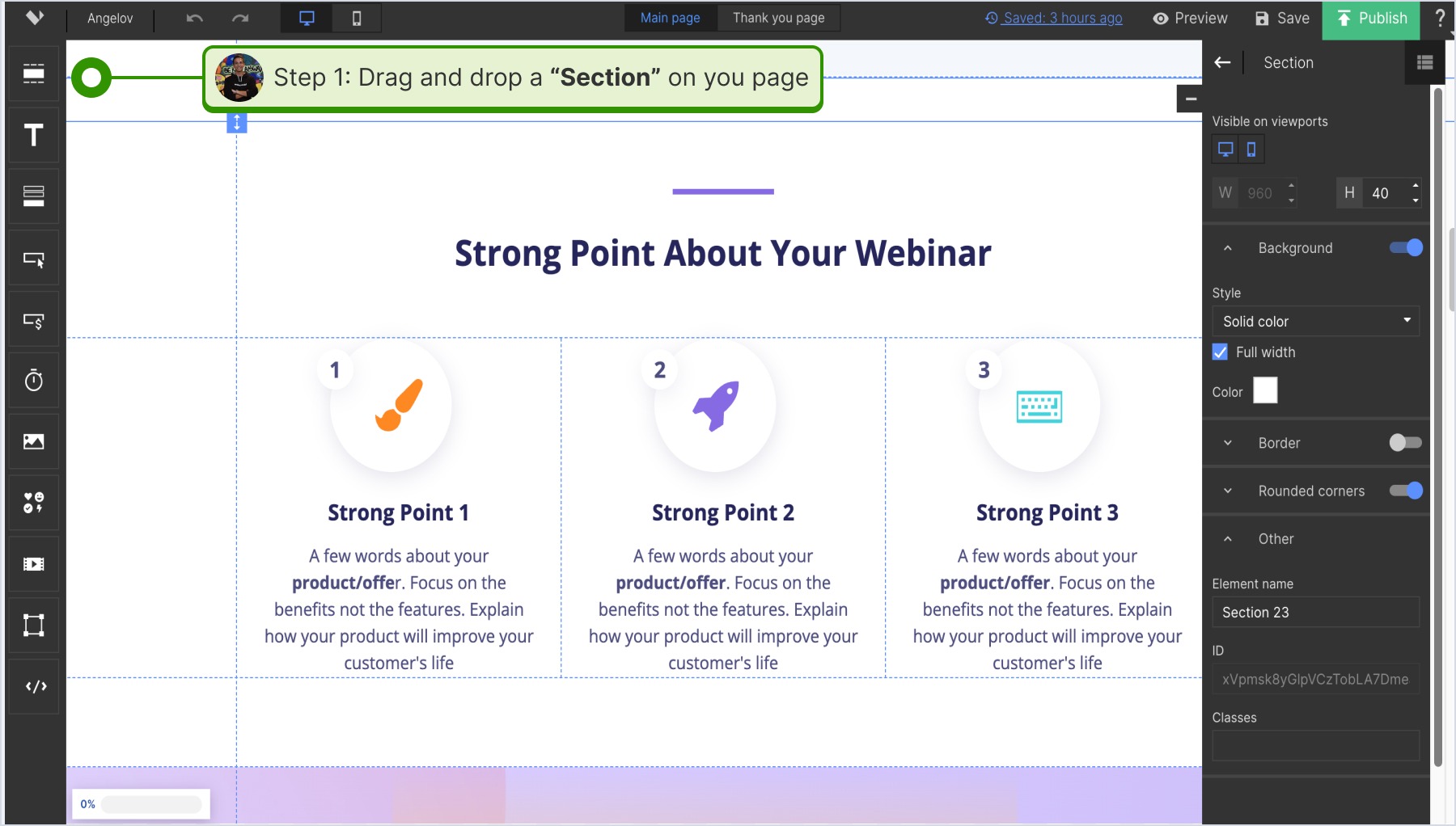 Dragging the section where we want to display the widget on the desired space in Landigi editor