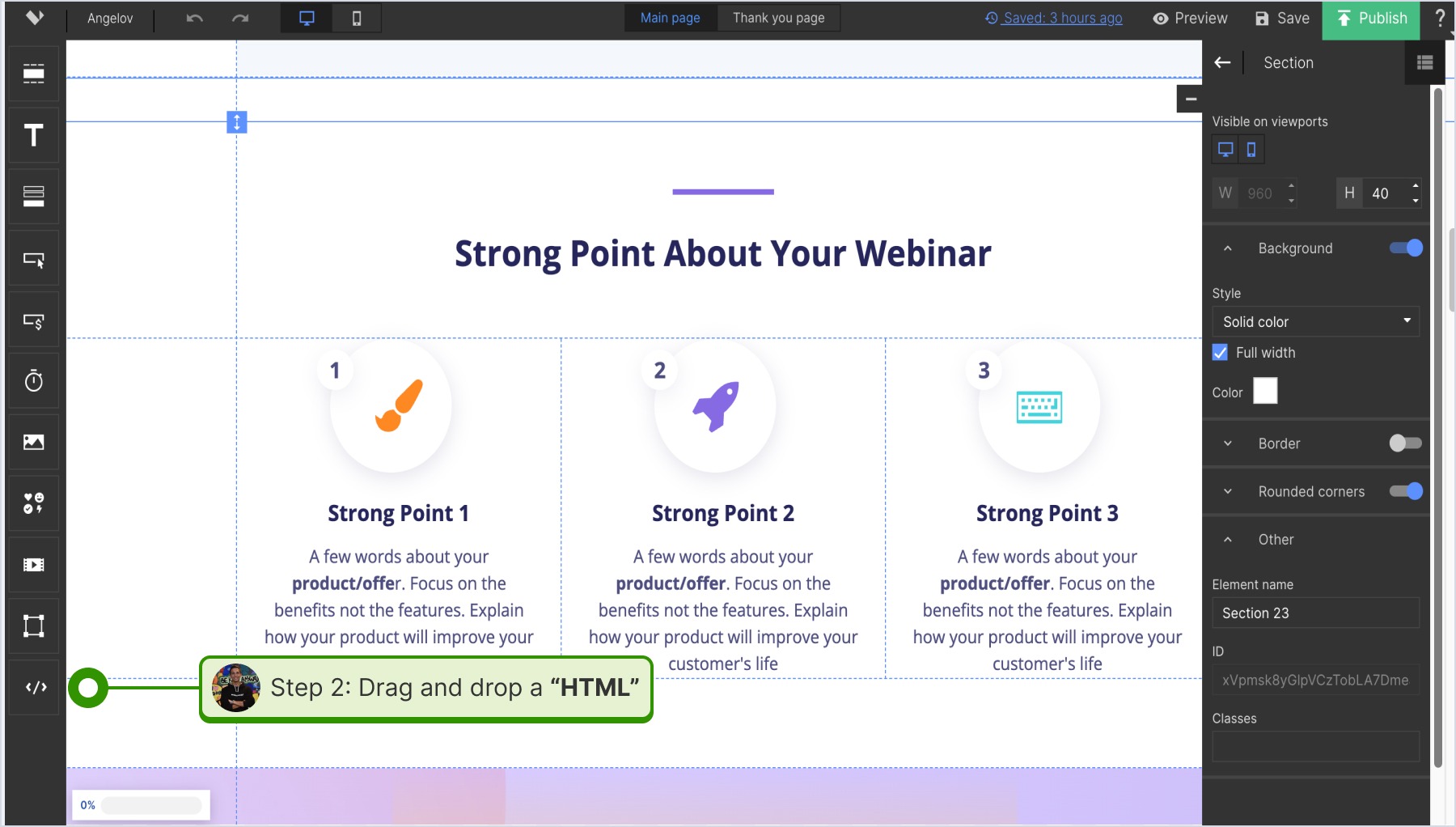 Dragging and dropping the "HTML" element in the newly added section