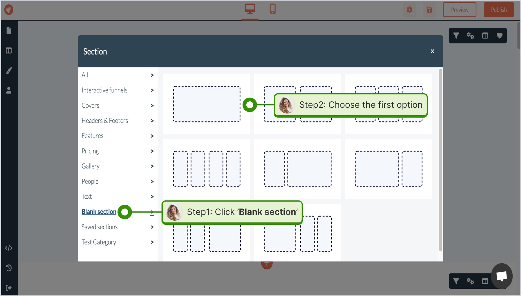 Choosing 'Blank section' and selecting the first option in FastPages editor