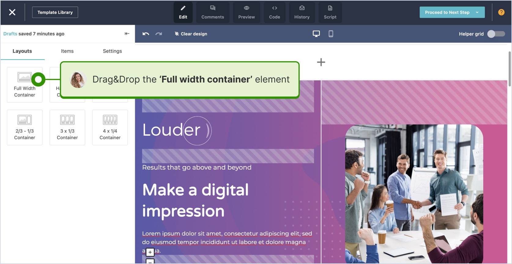 Adding a 'Full width container' element to the page section in Moosend
