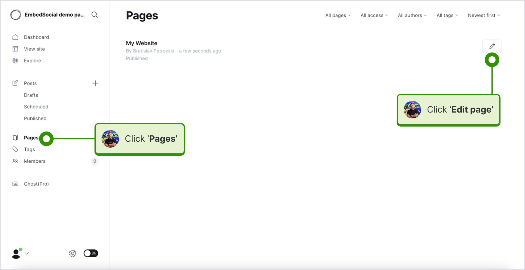 Clicking 'Pages' and selecting the 'Edit' option next to the website.