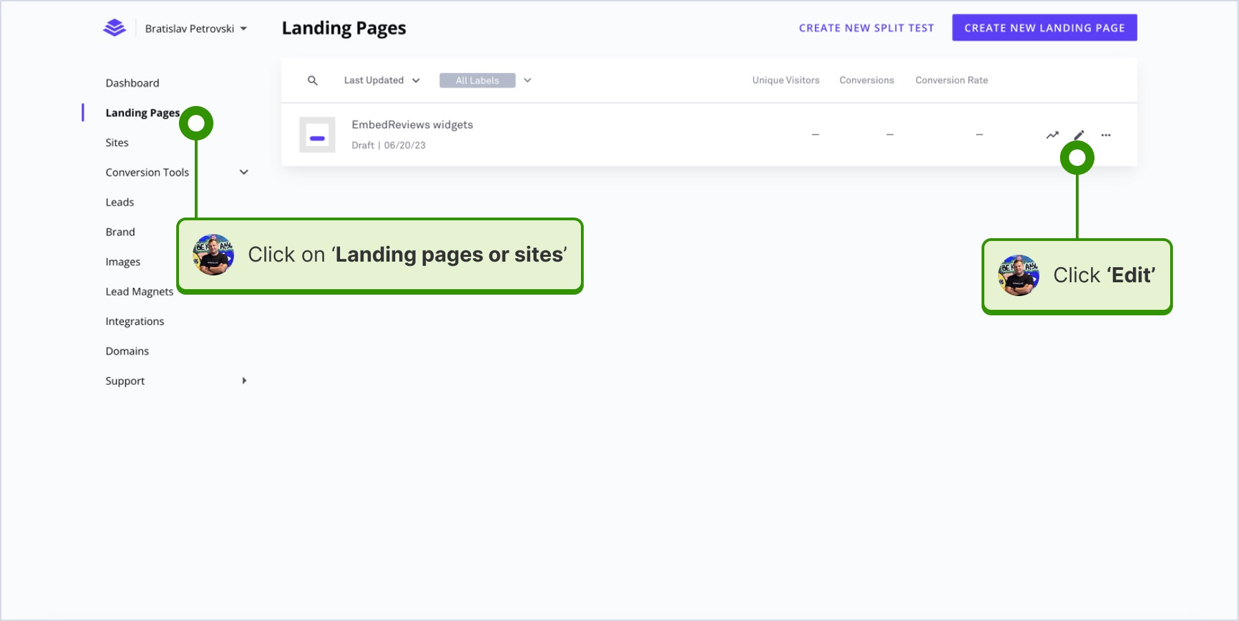 Clicking the 'pen' edit button to access the LeadPages website builder.