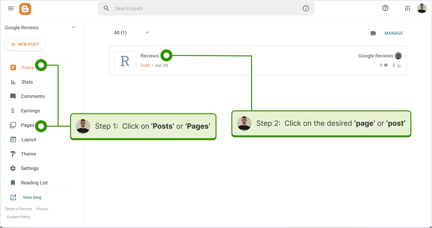 clicking on page and posts and selecting the desired page