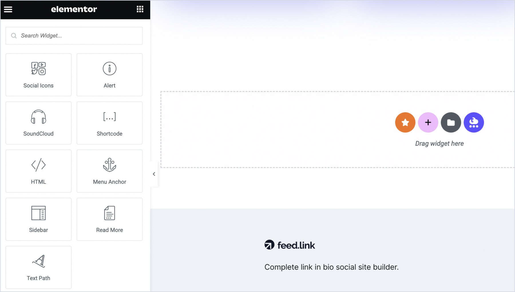 Clicking on an empty section to select where to embed the widget and accessing the list of Elements and Widgets in the left panel.