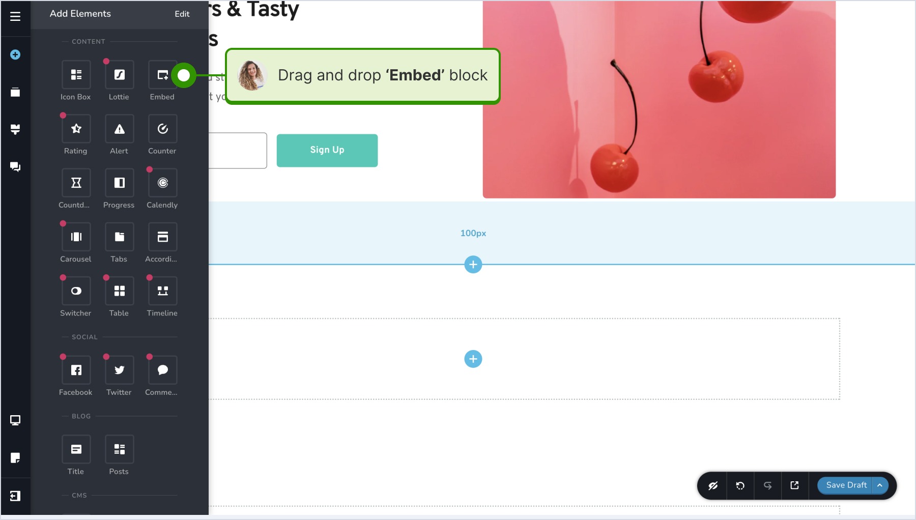 Dragging and dropping the 'Embed' block onto the page