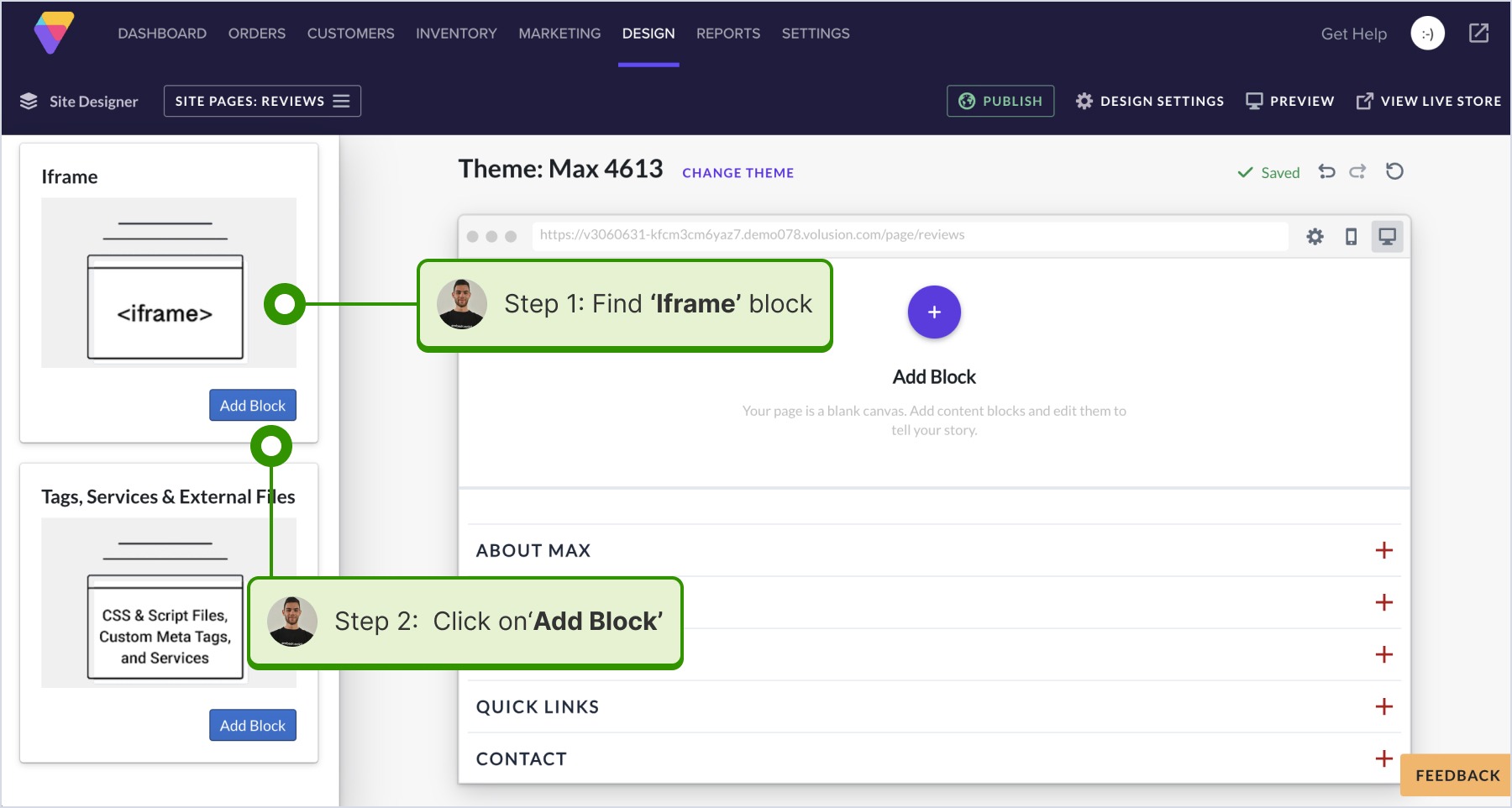Finding the 'iframe block' and clicking 'Add block'