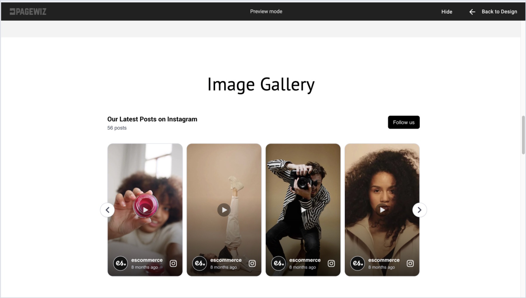 Instagram widget embedded on Pagewiz