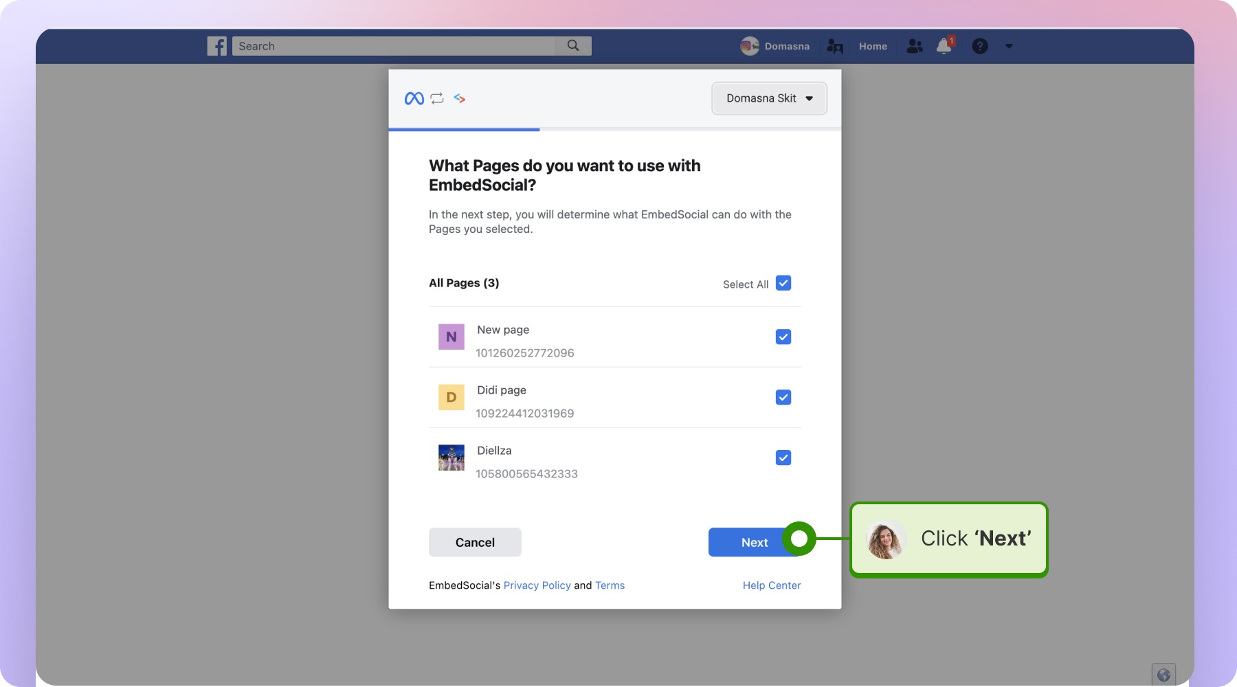 Selecting the desired pages and clicking next
