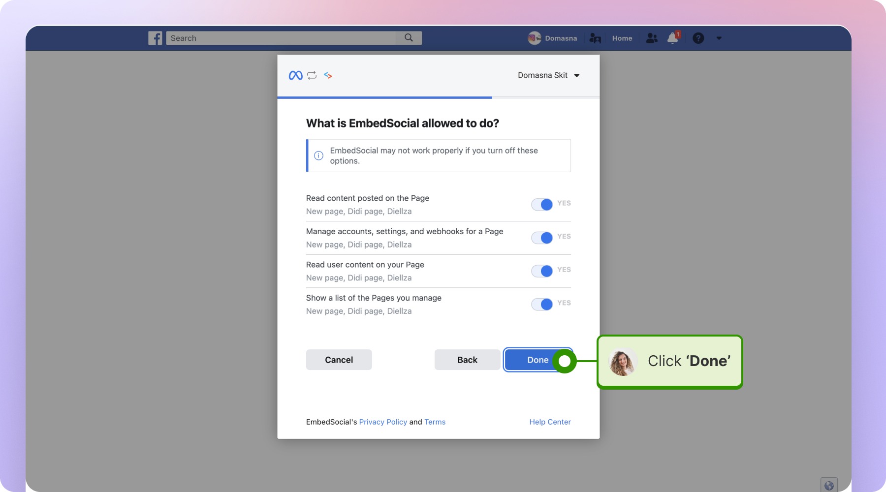 Giving all the required permissions and clicking done