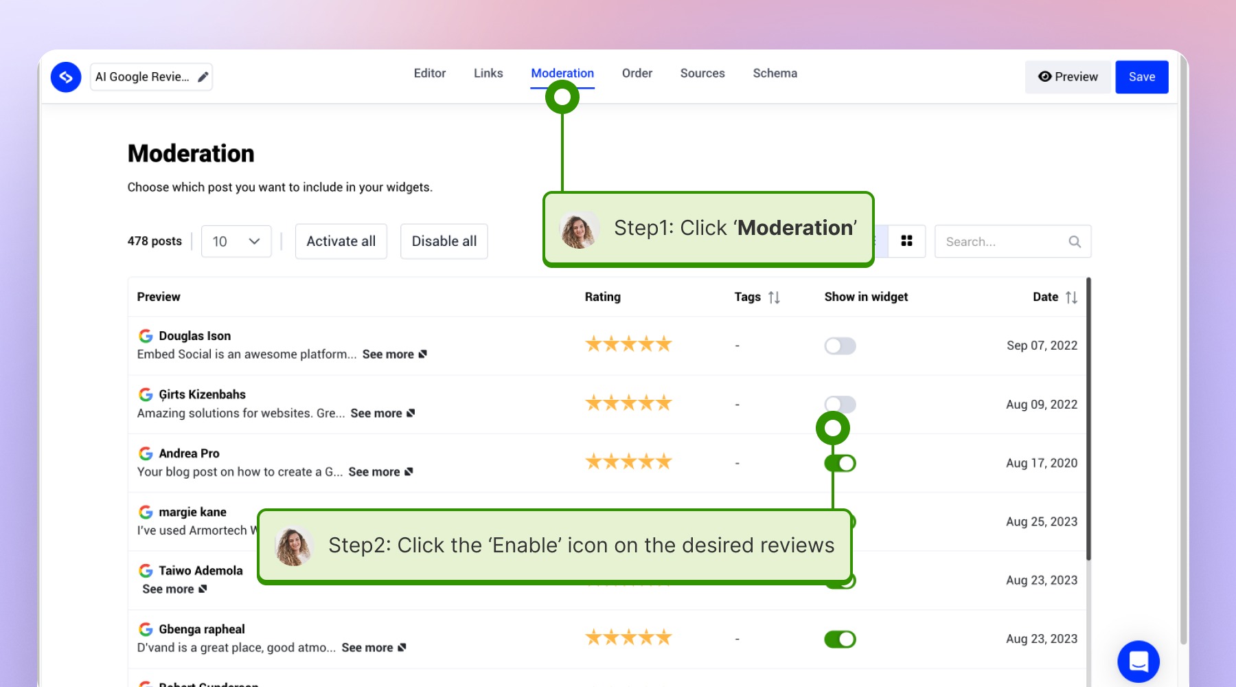 Navigaitng to the moderation tab and enabling some of the reviews