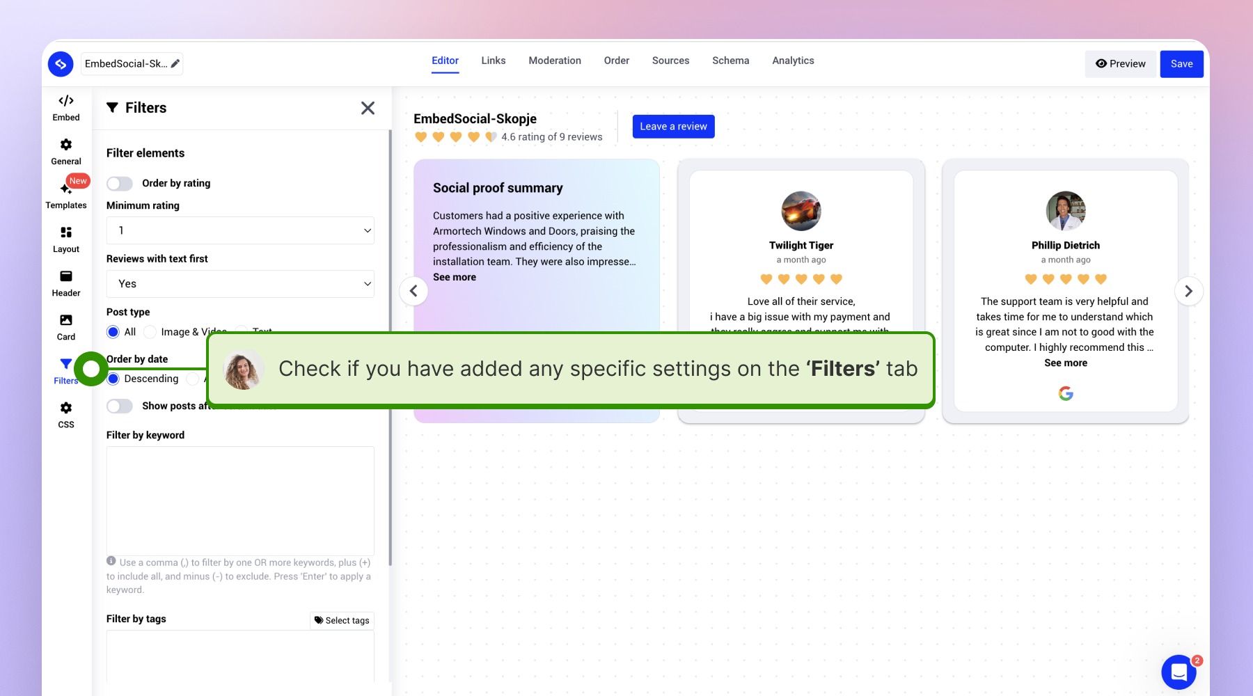 Navigating inside the filter settings