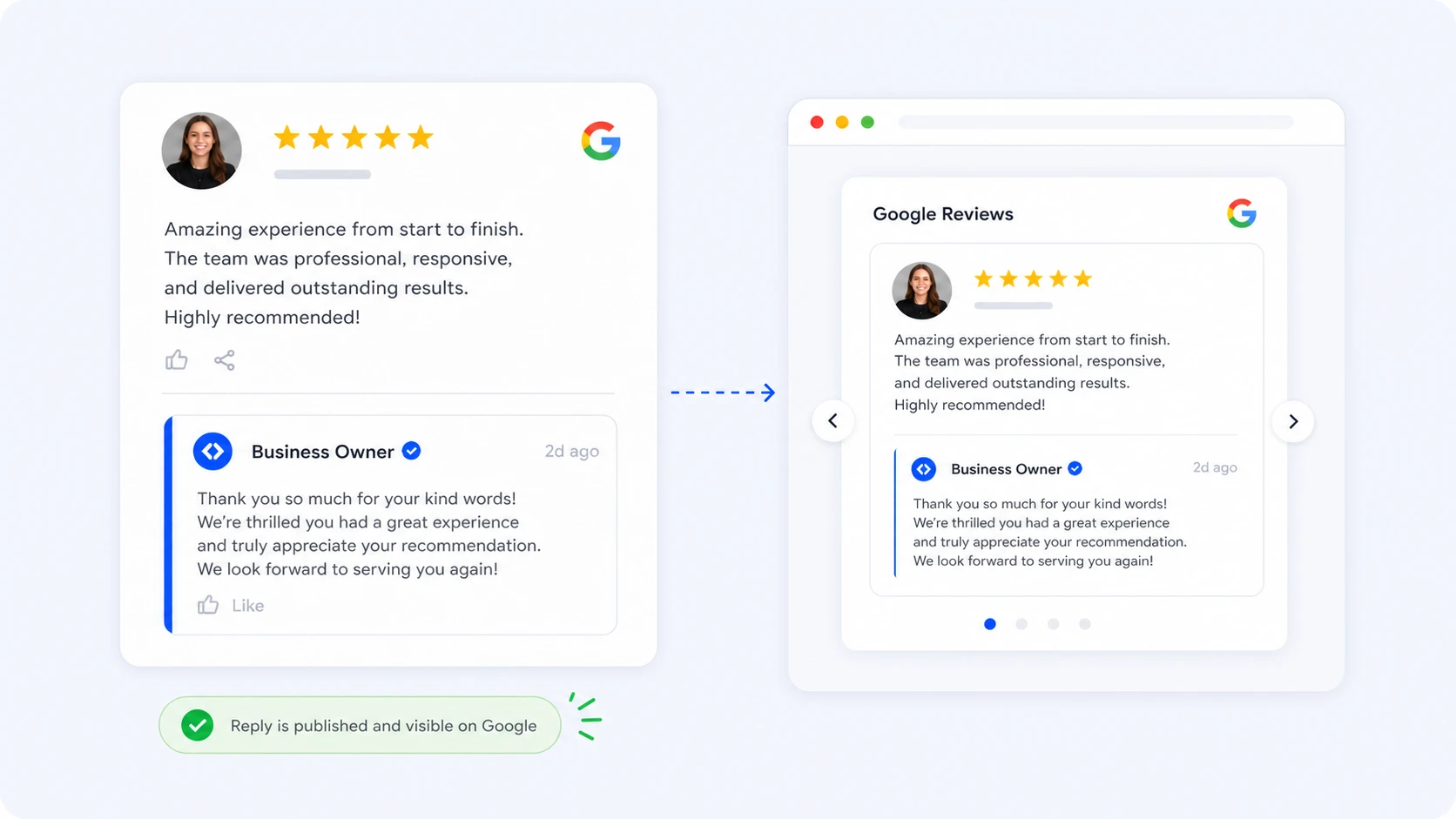 A business reply shown beneath a 5-star Google review